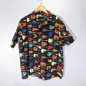 Vintage Gi Guitar Print Button Up short sleeve cotton Shirt M A5